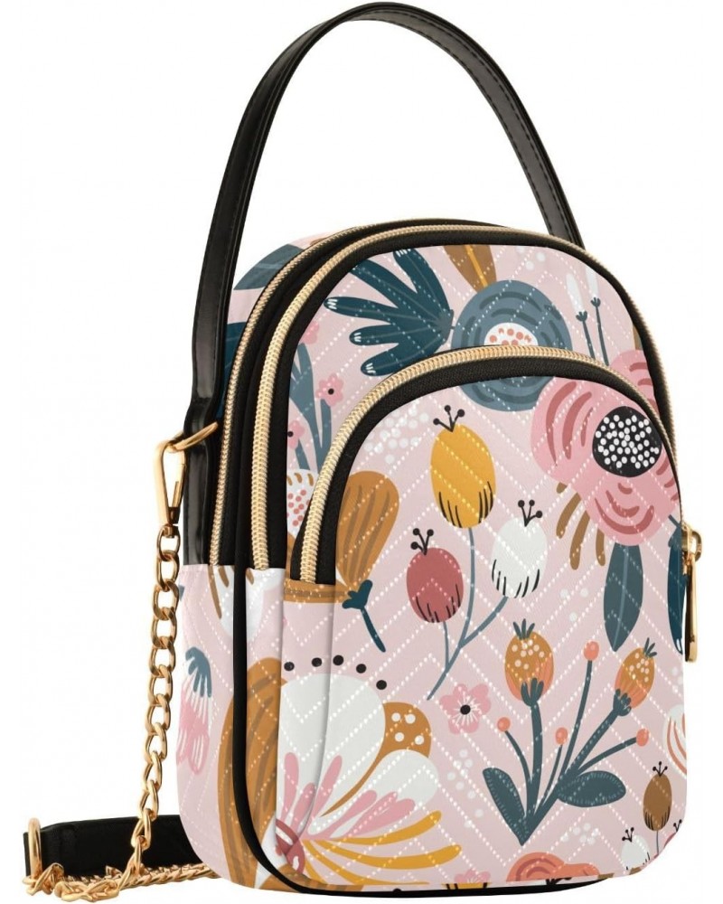 Colorful Flowers Floral on Pink Womens Sling Backpack Crossbody Chain Shoulder Bags Waist Packs Multipurpose Handbags for Tra...