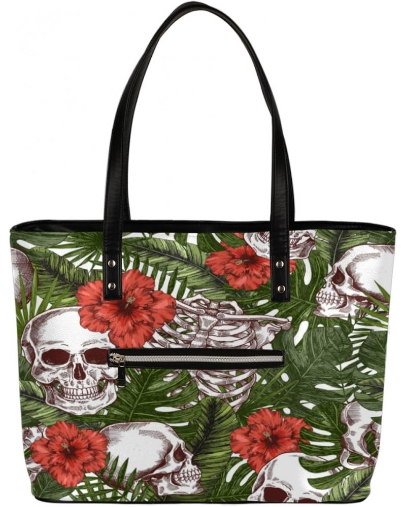 Funny Flower Leaf Skull Tote Bag Women Shoulder Handbags PU Leather Everyday Bag with External Pocket Large Capacity Aestheti...