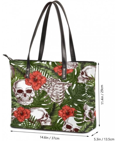 Funny Flower Leaf Skull Tote Bag Women Shoulder Handbags PU Leather Everyday Bag with External Pocket Large Capacity Aestheti...