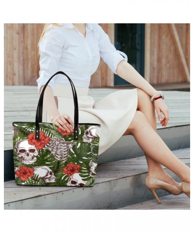 Funny Flower Leaf Skull Tote Bag Women Shoulder Handbags PU Leather Everyday Bag with External Pocket Large Capacity Aestheti...