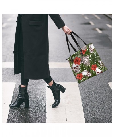 Funny Flower Leaf Skull Tote Bag Women Shoulder Handbags PU Leather Everyday Bag with External Pocket Large Capacity Aestheti...