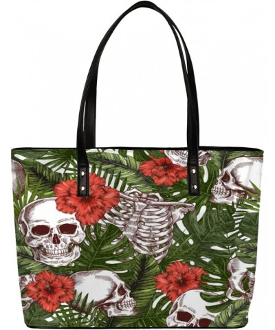 Funny Flower Leaf Skull Tote Bag Women Shoulder Handbags PU Leather Everyday Bag with External Pocket Large Capacity Aestheti...