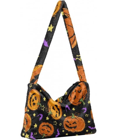 Halloween Women Boho Handbag Funny Jack-o-lantern Stars Purple Bat Underarm Bag Tote Bag Shoulder Bag Crossbody Bag Fluffy Ce...