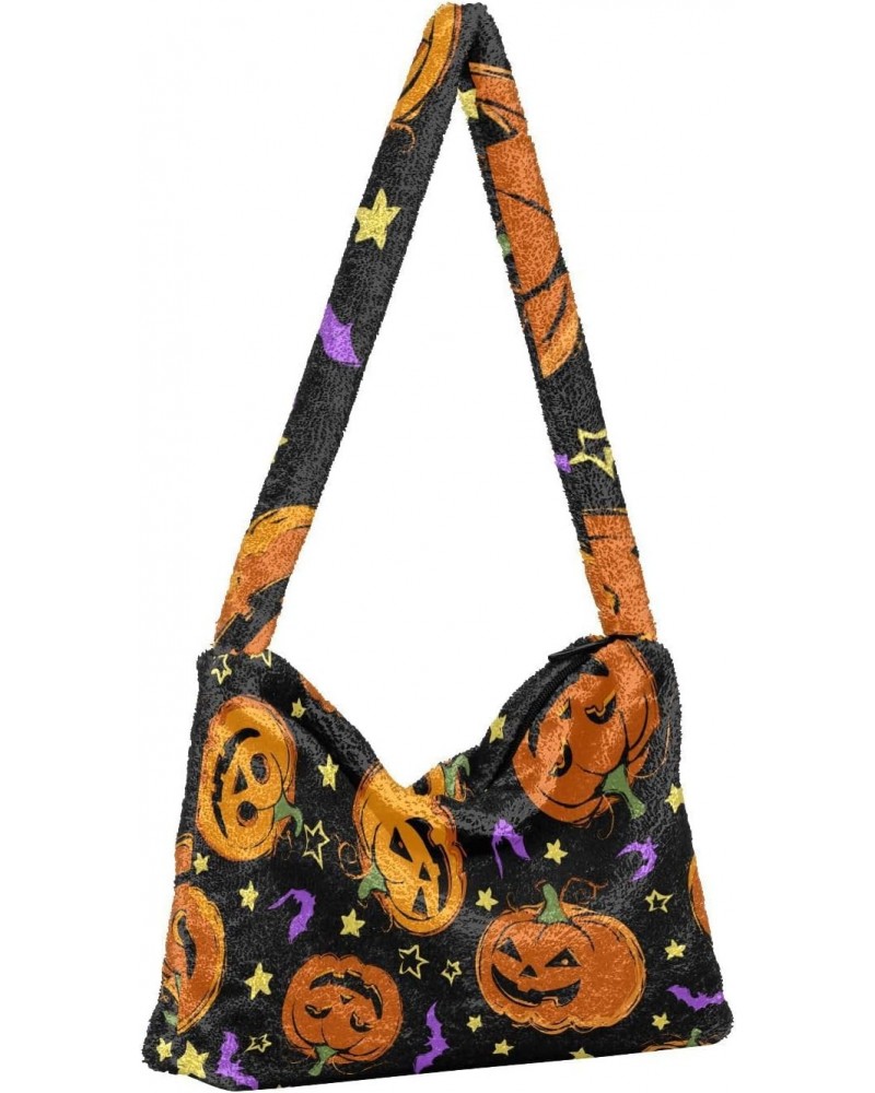 Halloween Women Boho Handbag Funny Jack-o-lantern Stars Purple Bat Underarm Bag Tote Bag Shoulder Bag Crossbody Bag Fluffy Ce...