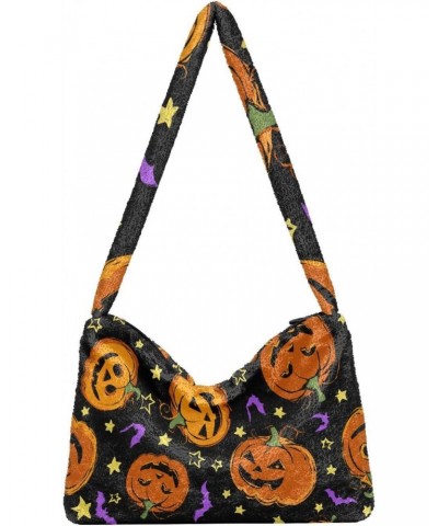 Halloween Women Boho Handbag Funny Jack-o-lantern Stars Purple Bat Underarm Bag Tote Bag Shoulder Bag Crossbody Bag Fluffy Ce...