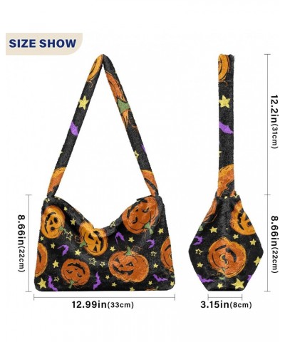 Halloween Women Boho Handbag Funny Jack-o-lantern Stars Purple Bat Underarm Bag Tote Bag Shoulder Bag Crossbody Bag Fluffy Ce...