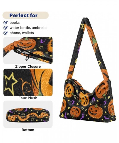 Halloween Women Boho Handbag Funny Jack-o-lantern Stars Purple Bat Underarm Bag Tote Bag Shoulder Bag Crossbody Bag Fluffy Ce...