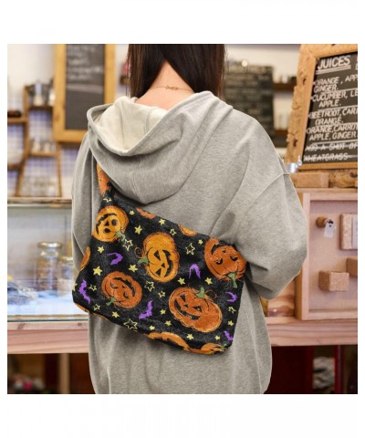 Halloween Women Boho Handbag Funny Jack-o-lantern Stars Purple Bat Underarm Bag Tote Bag Shoulder Bag Crossbody Bag Fluffy Ce...