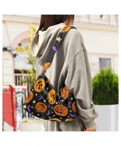 Halloween Women Boho Handbag Funny Jack-o-lantern Stars Purple Bat Underarm Bag Tote Bag Shoulder Bag Crossbody Bag Fluffy Ce...