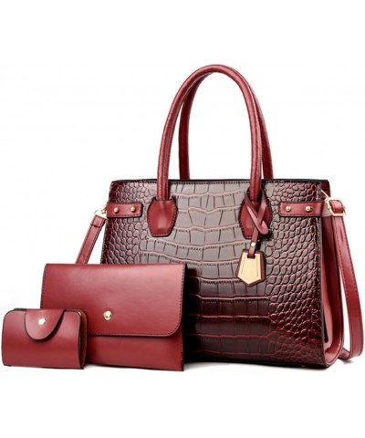 Women 3pcs Handbag and Purse Faux Leather Crocodile Pattern Satchel Clutch Wallet Card Holder Black Burgundy $33.29 Totes