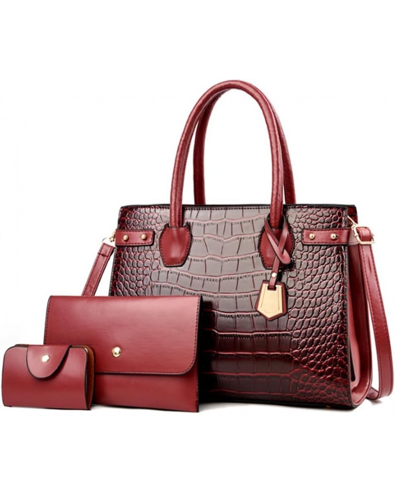 Women 3pcs Handbag and Purse Faux Leather Crocodile Pattern Satchel Clutch Wallet Card Holder Black Burgundy $33.29 Totes