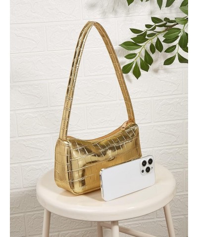 Women's Metallic Shoulder Bag PU Leather Handbag Top Handle Purse Gold $15.07 Shoulder Bags