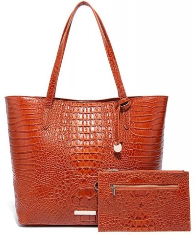 2PCS Set Tote Handbag for Women Crocodile Print Shoulder Purse Leather Work Shopper Top-handle Bag with Clutch Brown $24.49 T...