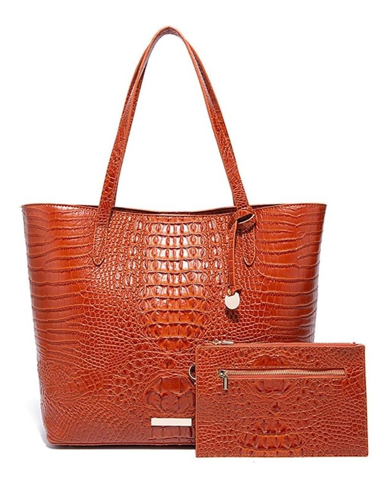 2PCS Set Tote Handbag for Women Crocodile Print Shoulder Purse Leather Work Shopper Top-handle Bag with Clutch Brown $24.49 T...