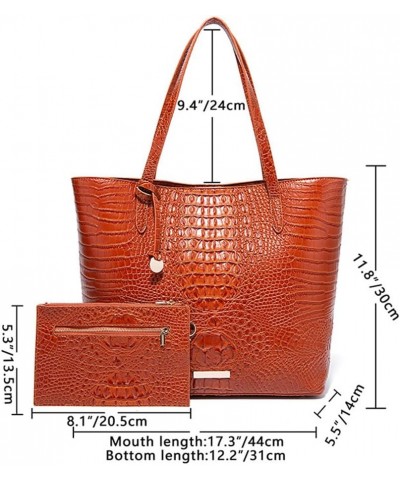 2PCS Set Tote Handbag for Women Crocodile Print Shoulder Purse Leather Work Shopper Top-handle Bag with Clutch Brown $24.49 T...