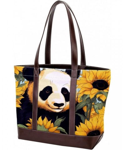 Panda Canvas Leather Mix Tote Bag - Stylish Handheld Bag for Women - 13.3x4.7x12.2in - Durable and Versatile - Fashionable Ac...