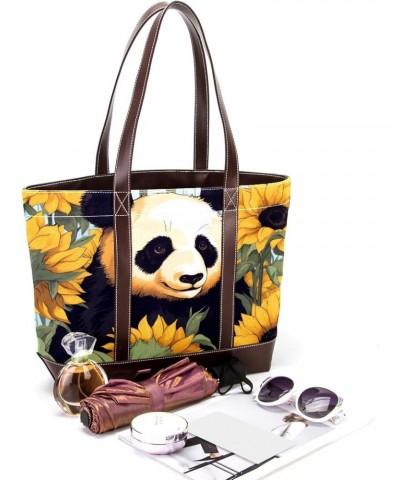 Panda Canvas Leather Mix Tote Bag - Stylish Handheld Bag for Women - 13.3x4.7x12.2in - Durable and Versatile - Fashionable Ac...