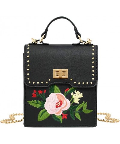 Embroidery Floral Women Cross Body Bag Black $12.87 Crossbody Bags