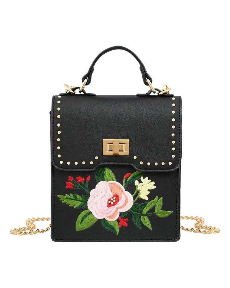 Embroidery Floral Women Cross Body Bag Black $12.87 Crossbody Bags