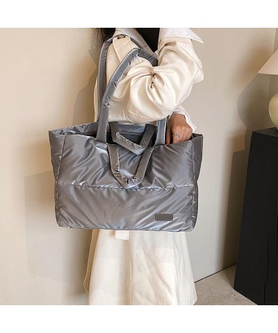 Large Puffy Tote Bag for Women, Lightweight Quilted Cotton Padded Shoulder Bag, Down Puffer Handbag Bag Grey $16.31 Totes