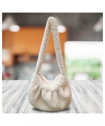 Women Plush Dumpling Bag Versatile Pleated Underarm Bag Casual Furry Armpit Bag Fashion Zipper Winter Satchel Purses Beige $8...