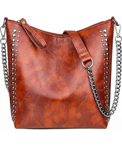 Women Fashion Tote Bag PU Leather Rivet Studded Ladies Purse Chain Shoulder Bag Satchel Work Shopping Brown $12.32 Totes