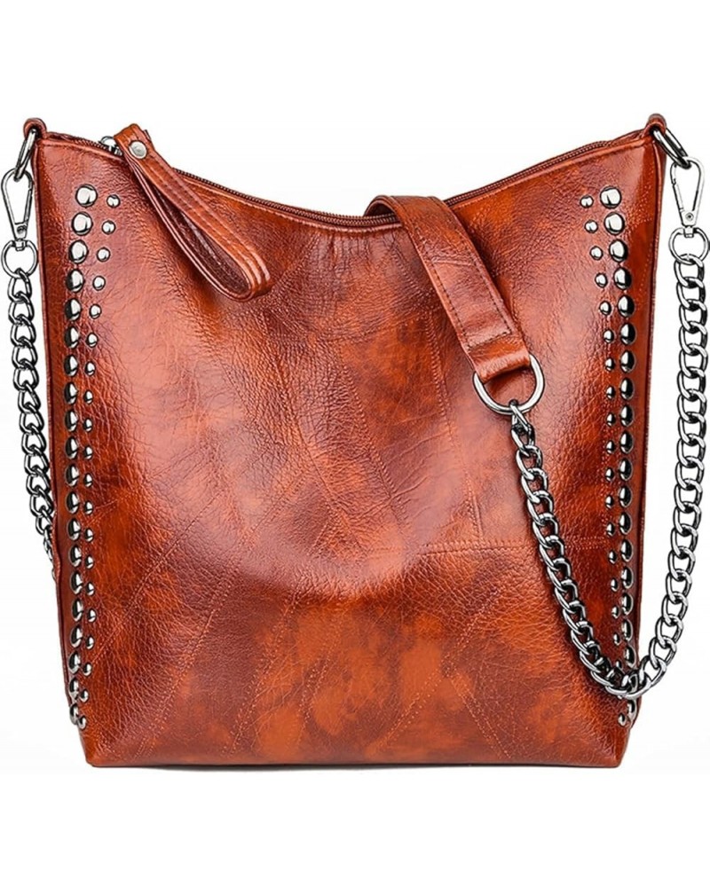 Women Fashion Tote Bag PU Leather Rivet Studded Ladies Purse Chain Shoulder Bag Satchel Work Shopping Brown $12.32 Totes