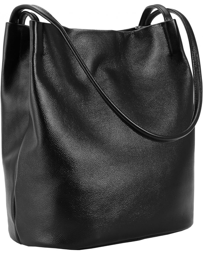 Genuine Leather Tote Bucket Bags Hobo Shoulder Bags Purse and Handbags for Women Trendy Black $37.40 Hobo Bags