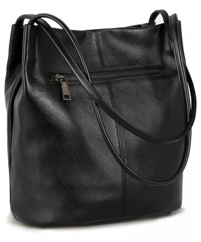 Genuine Leather Tote Bucket Bags Hobo Shoulder Bags Purse and Handbags for Women Trendy Black $37.40 Hobo Bags