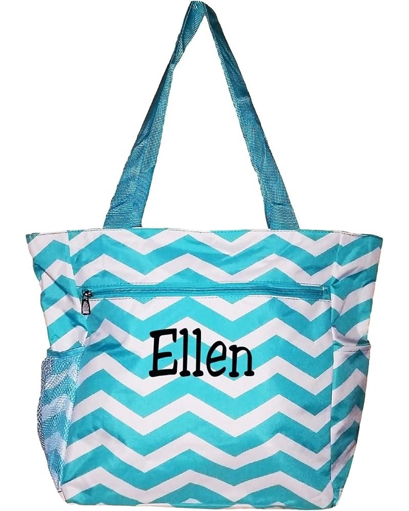 Large Multi - Pocket Fashion Zipper Top Beach Bag Tote - Custom Embroidery Available Aqua Chevron Embroidery Name $12.07 Totes