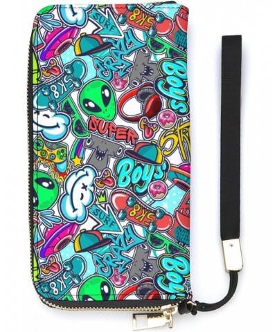 Graffiti Text, Skate, Ufo Zip Coin Pocket Leather Wallet Vertical Long Wallet for Men Woman With Credit Card Holder $21.89 Wa...