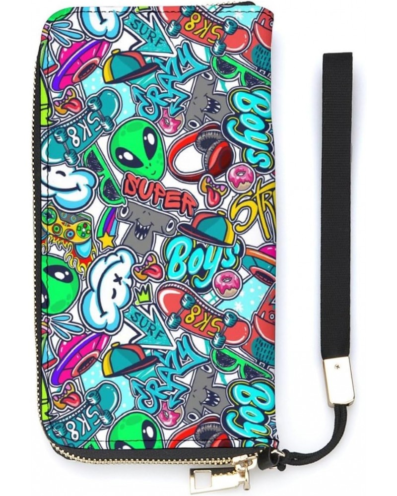 Graffiti Text, Skate, Ufo Zip Coin Pocket Leather Wallet Vertical Long Wallet for Men Woman With Credit Card Holder $21.89 Wa...