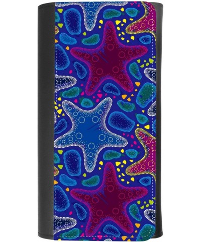 (Starfish and pebbles in psychedelic colors on blue color) women's Patterned Leather Buckle Trifold Wallet Bag Pouch Holster ...