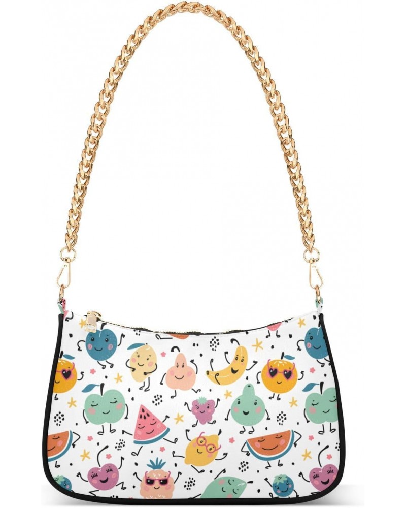 Women Chain Shoulder Purse Bag With Zipper Colorful Cartoon Funny Print, Cute Fruits Berries Hobo Tote Clutch Handbags with C...