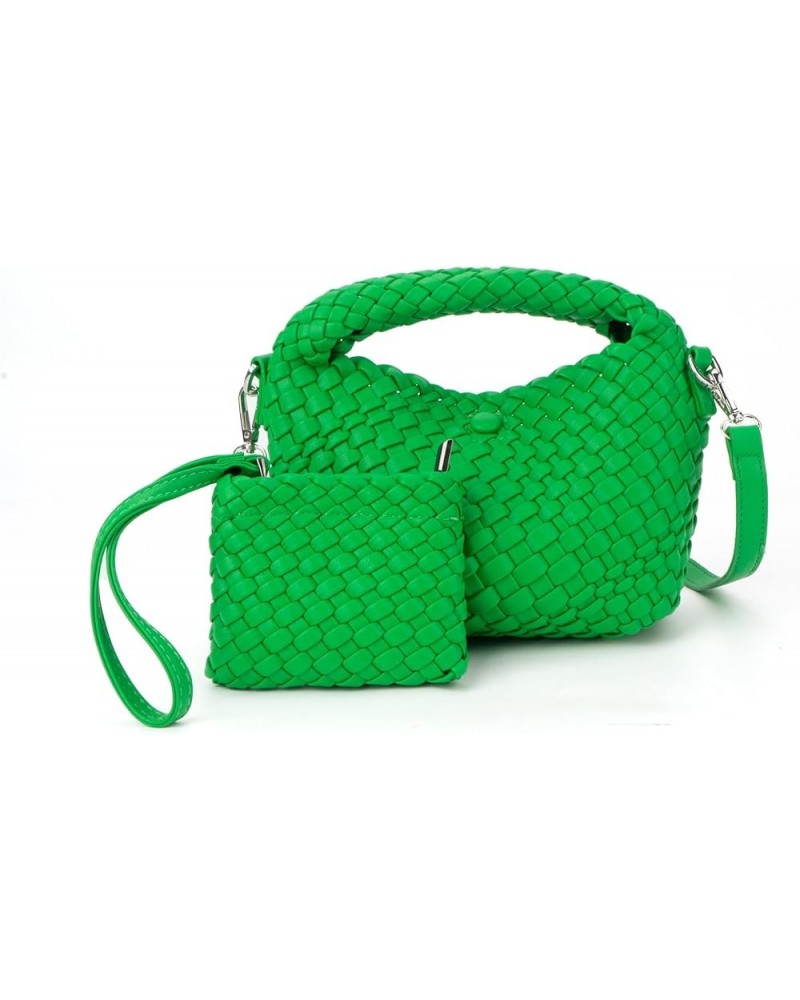 Small Woven Handbag for Women Mini Soft Leather Tote Shoulder Bag Green1 $11.25 Totes