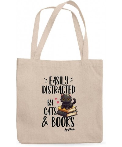 Easily Distracted by Cats and Books Canvas Tote Bag - Book Lover Print Presents - Presents for Cat Lovers White $14.87 Totes