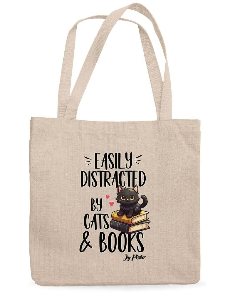 Easily Distracted by Cats and Books Canvas Tote Bag - Book Lover Print Presents - Presents for Cat Lovers White $14.87 Totes