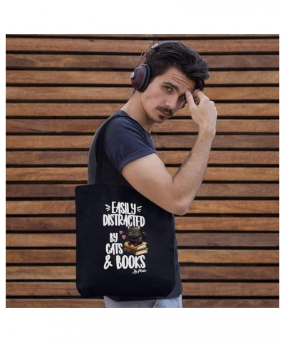 Easily Distracted by Cats and Books Canvas Tote Bag - Book Lover Print Presents - Presents for Cat Lovers White $14.87 Totes