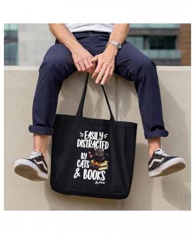 Easily Distracted by Cats and Books Canvas Tote Bag - Book Lover Print Presents - Presents for Cat Lovers White $14.87 Totes