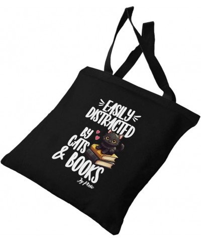 Easily Distracted by Cats and Books Canvas Tote Bag - Book Lover Print Presents - Presents for Cat Lovers White $14.87 Totes