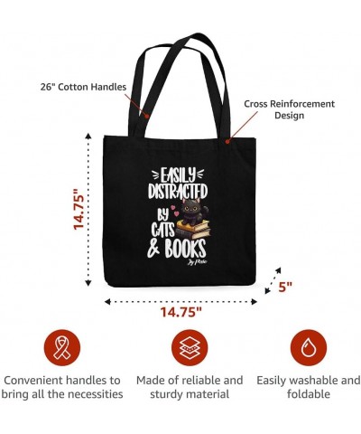 Easily Distracted by Cats and Books Canvas Tote Bag - Book Lover Print Presents - Presents for Cat Lovers White $14.87 Totes