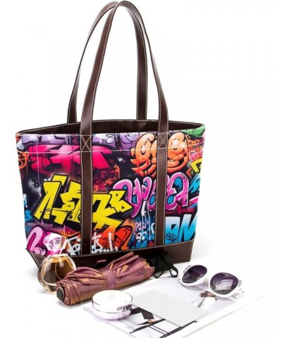 Graffiti Canvas-Leather Mix Crossbody Bag, 13.3x4.7x12.2in, Durable Hand-Held Purse with Stylish Design $24.47 Crossbody Bags