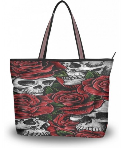 Womens Tote Bag, Skull and Red Rose Ladies Zip Shoulder Handbags $13.19 Shoulder Bags