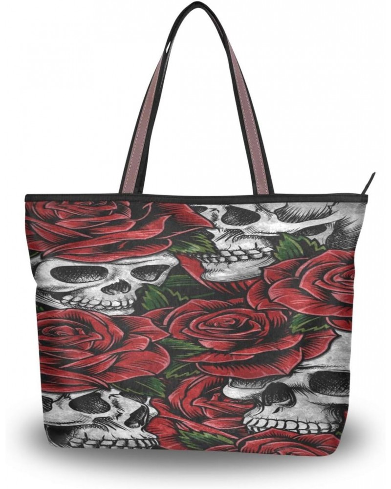 Womens Tote Bag, Skull and Red Rose Ladies Zip Shoulder Handbags $13.19 Shoulder Bags