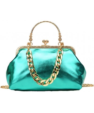 Women's Small Shell Evening Handbag Glossy Leather Evening Clutch Kiss Lock Crossbody Bright Green $33.76 Evening Bags