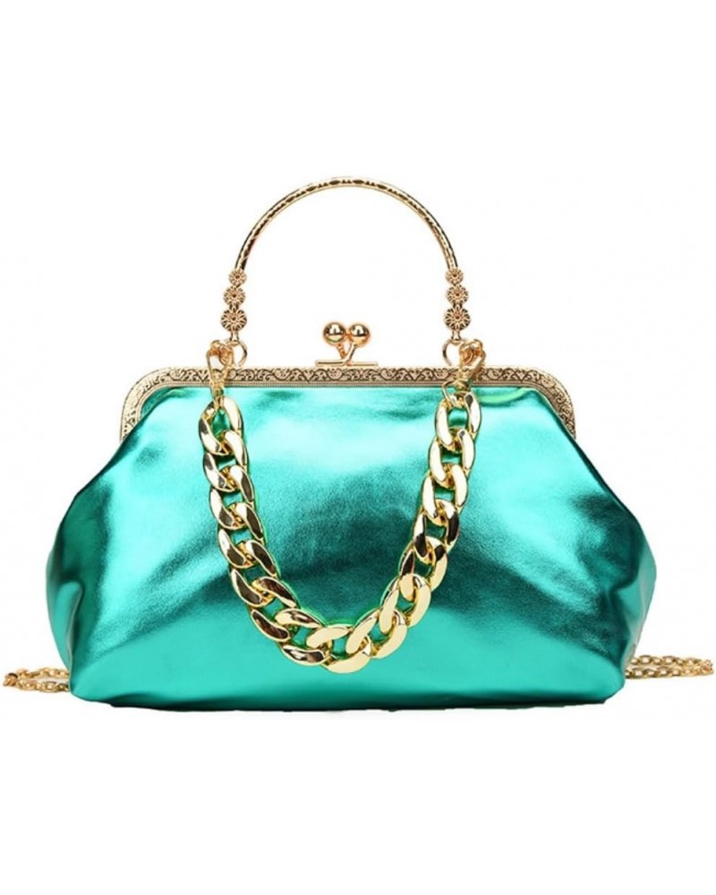 Women's Small Shell Evening Handbag Glossy Leather Evening Clutch Kiss Lock Crossbody Bright Green $33.76 Evening Bags