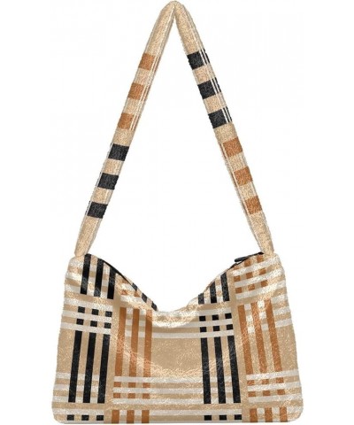 Plaid Stripe Crossbody Women Hobo Handbag, Fur Tote Shoulder Purse Bag Checkered on Beige $11.54 Totes