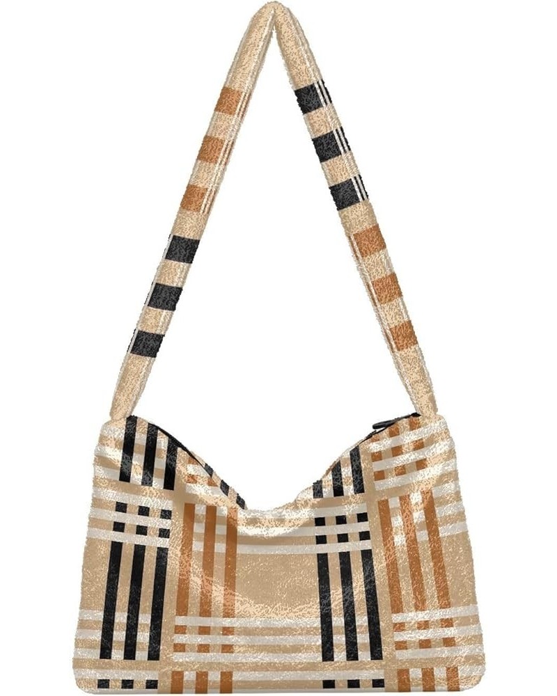 Plaid Stripe Crossbody Women Hobo Handbag, Fur Tote Shoulder Purse Bag Checkered on Beige $11.54 Totes