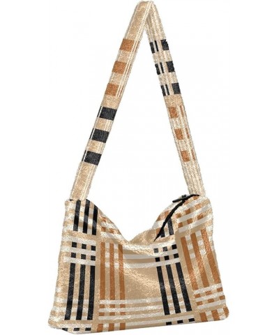 Plaid Stripe Crossbody Women Hobo Handbag, Fur Tote Shoulder Purse Bag Checkered on Beige $11.54 Totes