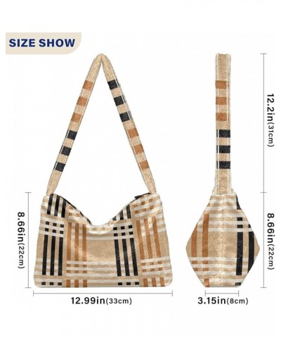 Plaid Stripe Crossbody Women Hobo Handbag, Fur Tote Shoulder Purse Bag Checkered on Beige $11.54 Totes